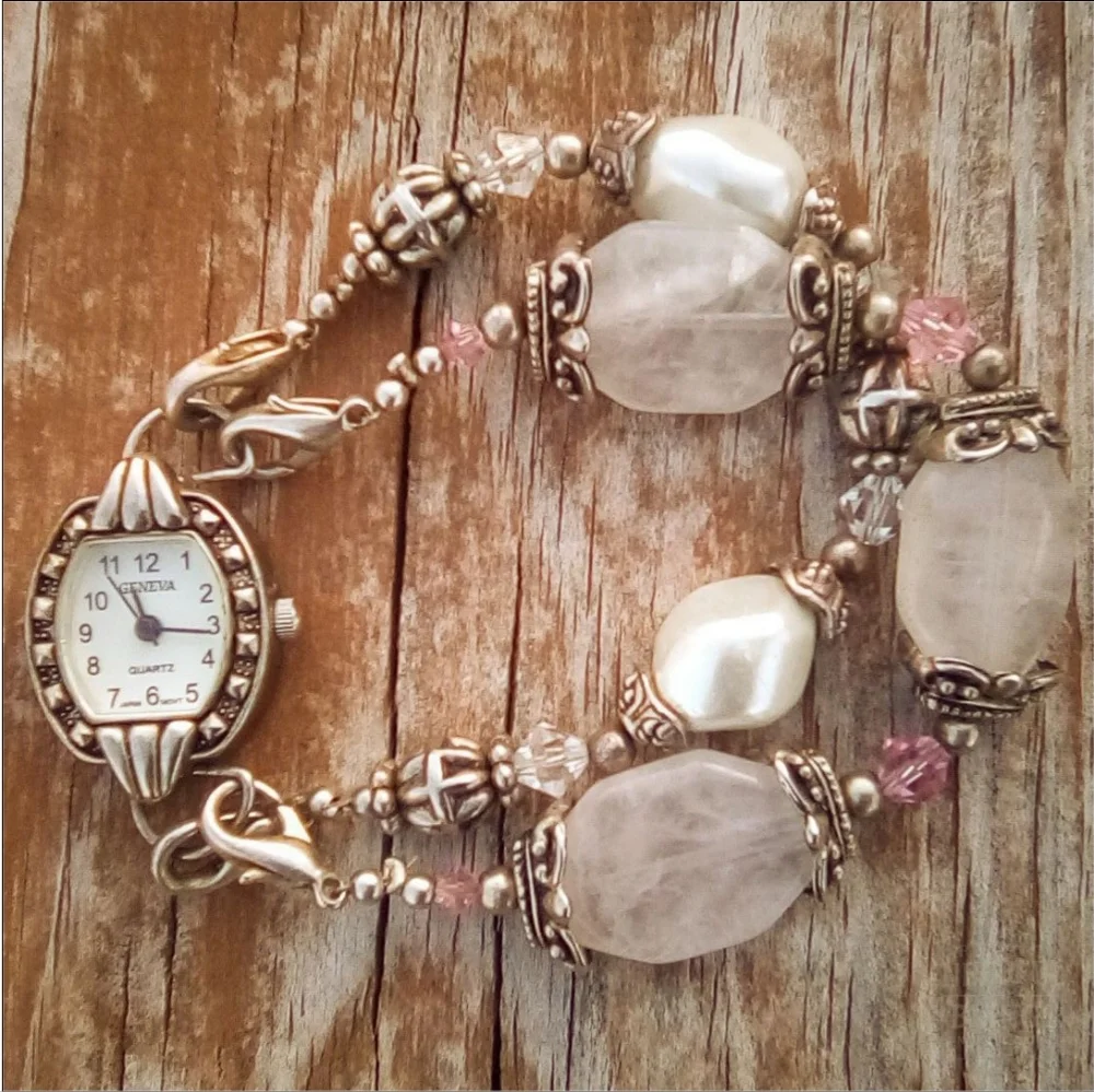 Geneva Oval Bracelet Watch Silver Tone Faux Pearl Beaded 25mm 7 Inch